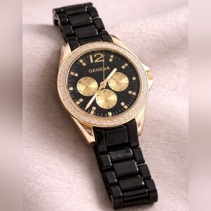 Geneva Black & Gold Chronograph Watch w/ Crystal Bezel